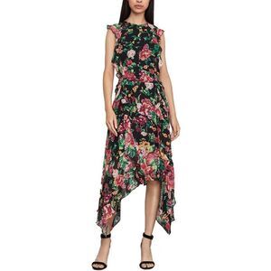BCBGMAXAZRIA Sleeveless Floral Ruffled  Asymmetrical Midi Cocktail Dress Black 2